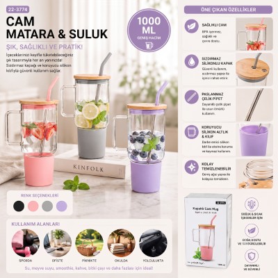 1000 ml Cam Matara Kupa Bardak - Bambu Kapaklı - Silikon Kılıflı - Çelik Pipetli 1000 ml Cam Matara Kupa Bardak - Bambu Kapaklı - Silikon Kılıflı - Çelik Pipetli