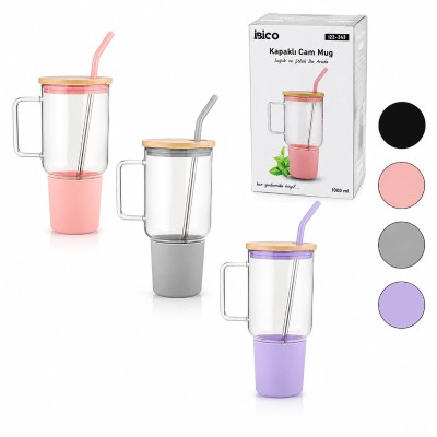 1000 ml Cam Matara Kupa Bardak - Bambu Kapaklı - Silikon Kılıflı - Çelik Pipetli 1000 ml Cam Matara Kupa Bardak - Bambu Kapaklı - Silikon Kılıflı - Çelik Pipetli