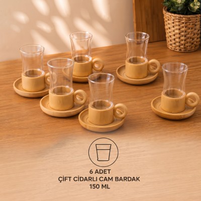 12 Parça Çay Seti - Bambu Bardak Altığı - Çift Cidarlı Cam - 150 ml 12 Parça Çay Seti - Bambu Bardak Altığı - Çift Cidarlı Cam - 150 ml