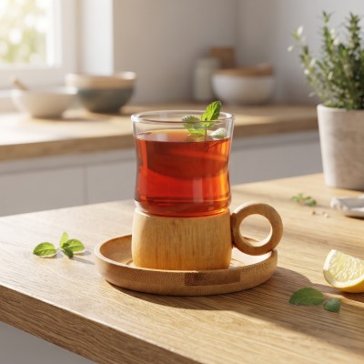 12 Parça Çay Seti - Bambu Bardak Altığı - Çift Cidarlı Cam - 150 ml 12 Parça Çay Seti - Bambu Bardak Altığı - Çift Cidarlı Cam - 150 ml
