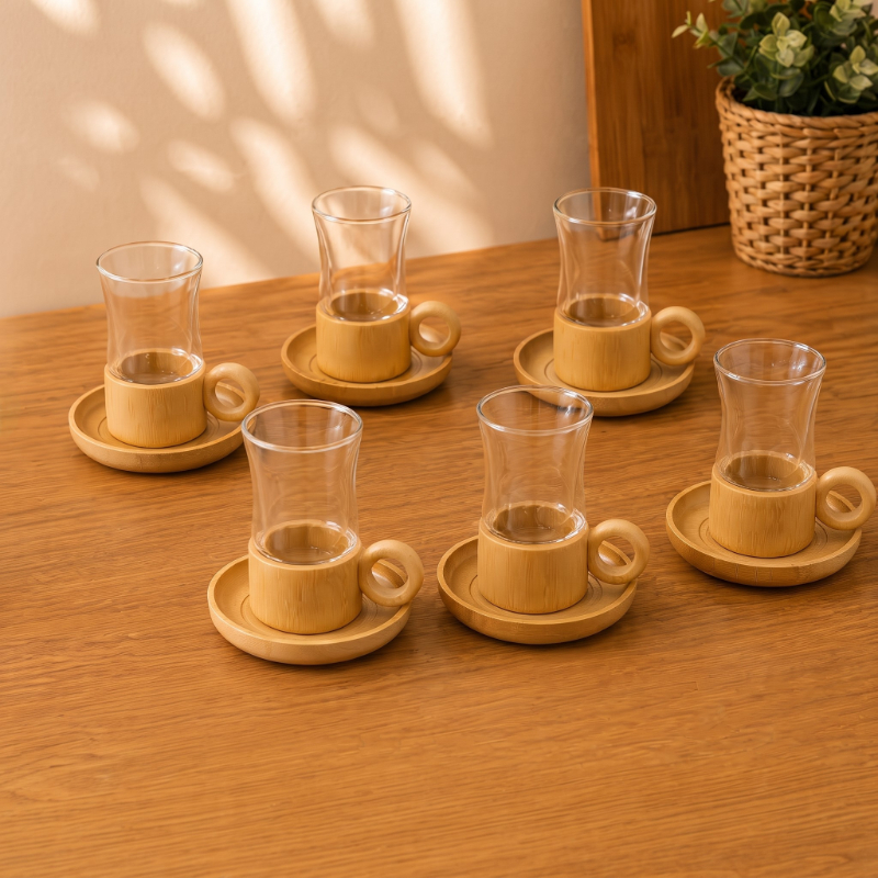 12 Parça Çay Seti - Bambu Bardak Altığı - Çift Cidarlı Cam - 150 ml 12 Parça Çay Seti - Bambu Bardak Altığı - Çift Cidarlı Cam - 150 ml