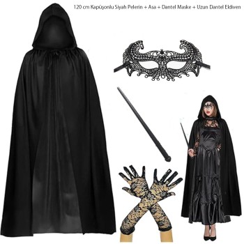120 cm Kapüşonlu Siyah Pelerin + Asa + Dantel Maske + Uzun Dantel Siyah Eldiven Kostüm Seti 120 cm Kapüşonlu Siyah Pelerin + Asa + Dantel Maske + Uzun Dantel Siyah Eldiven Kostüm Seti