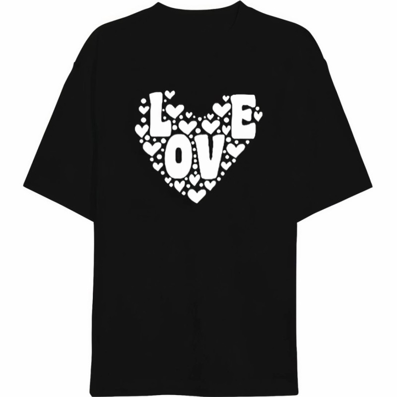 14 Şubat Sevgililer Günü Love Kalp Baskılı Oversize Bisiklet Yaka T-shirt - Siyah 14 Şubat Sevgililer Günü Love Kalp Baskılı Oversize Bisiklet Yaka T-shirt - Siyah