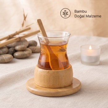 18 Parça Bambu Çay Seti - 6 Çay Bardağı - Borosilikat Cam 