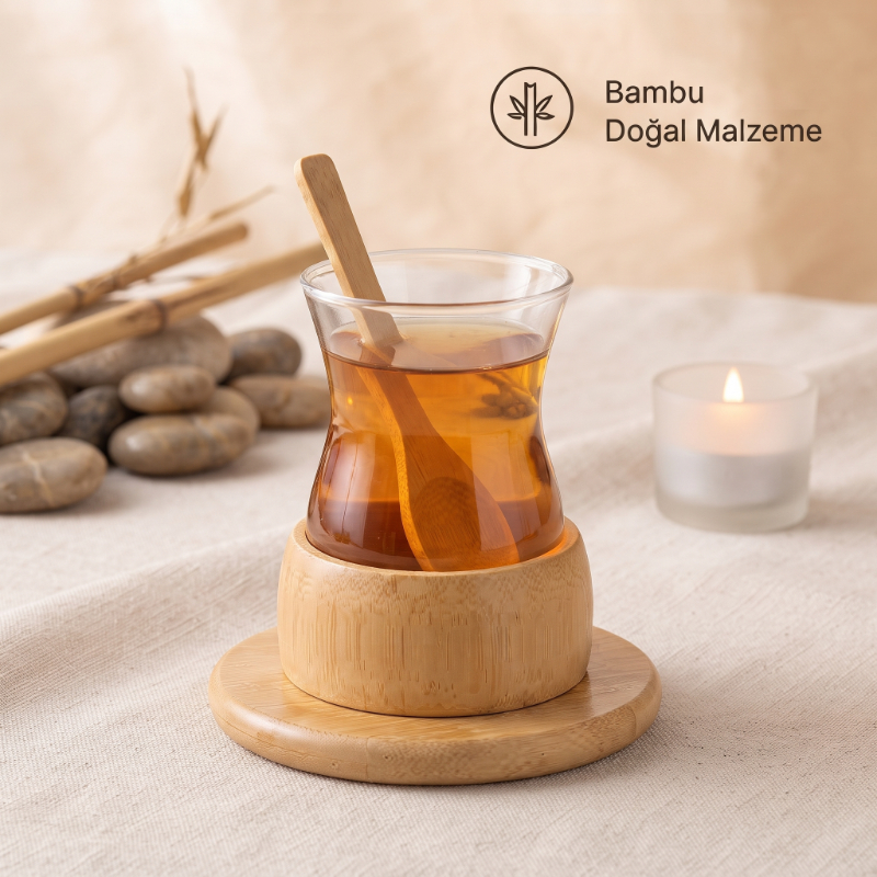 18 Parça Bambu Çay Seti - 6 Çay Bardağı - Borosilikat Cam 18 Parça Bambu Çay Seti - 6 Çay Bardağı - Borosilikat Cam