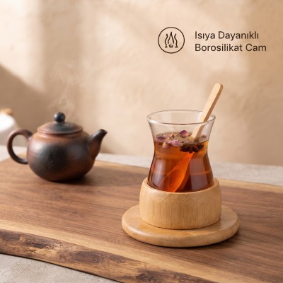 18 Parça Bambu Çay Seti - 6 Çay Bardağı - Borosilikat Cam 18 Parça Bambu Çay Seti - 6 Çay Bardağı - Borosilikat Cam