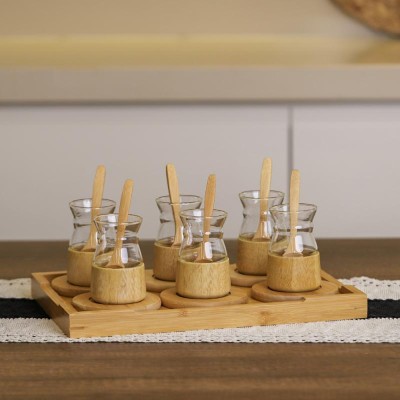 18 Parça Bambu Çay Seti - 6 Çay Bardağı - Borosilikat Cam 18 Parça Bambu Çay Seti - 6 Çay Bardağı - Borosilikat Cam