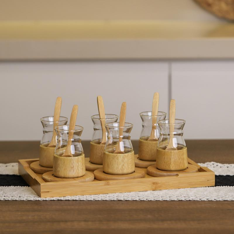 18 Parça Bambu Çay Seti - 6 Çay Bardağı - Borosilikat Cam 18 Parça Bambu Çay Seti - 6 Çay Bardağı - Borosilikat Cam