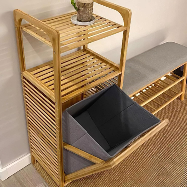 2 Organizer Raflı Ahşap Bambu Çek-Aç Kirli Sepeti 2 Organizer Raflı Ahşap Bambu Çek-Aç Kirli Sepeti