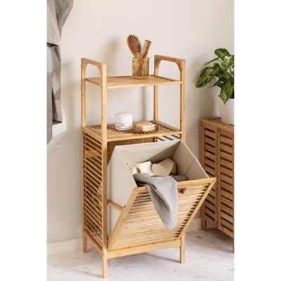 2 Organizer Raflı Ahşap Bambu Çek-Aç Kirli Sepeti 2 Organizer Raflı Ahşap Bambu Çek-Aç Kirli Sepeti