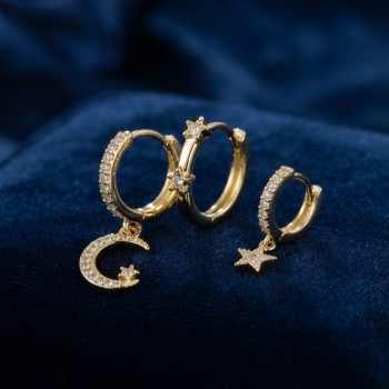 3 lü Ay ve Yıldız Model Gold Renk Set Küpe