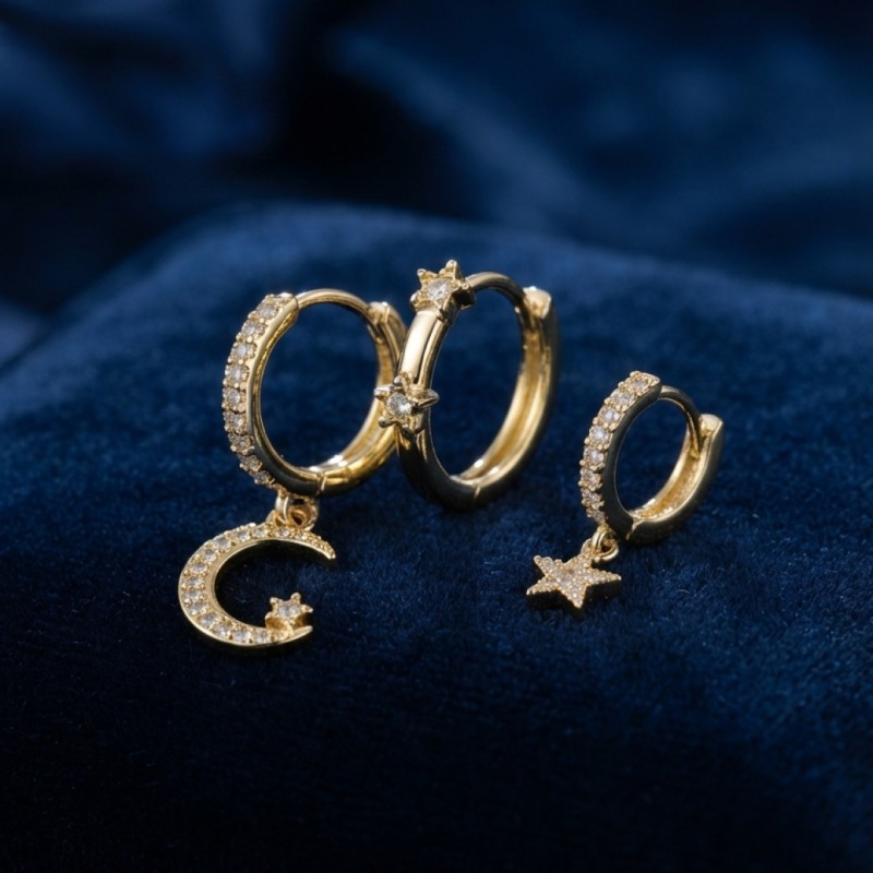 3 lü Ay ve Yıldız Model Gold Renk Set Küpe 3 lü Ay ve Yıldız Model Gold Renk Set Küpe