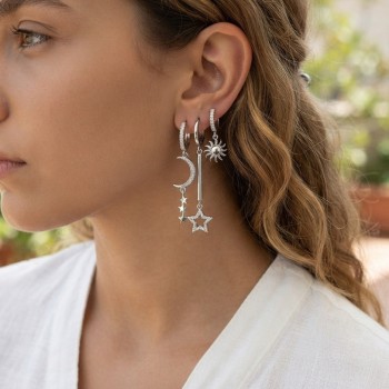 3 lü Set Ay Yıldız ve Güneş Model Gümüş Renk Kadın Küpe