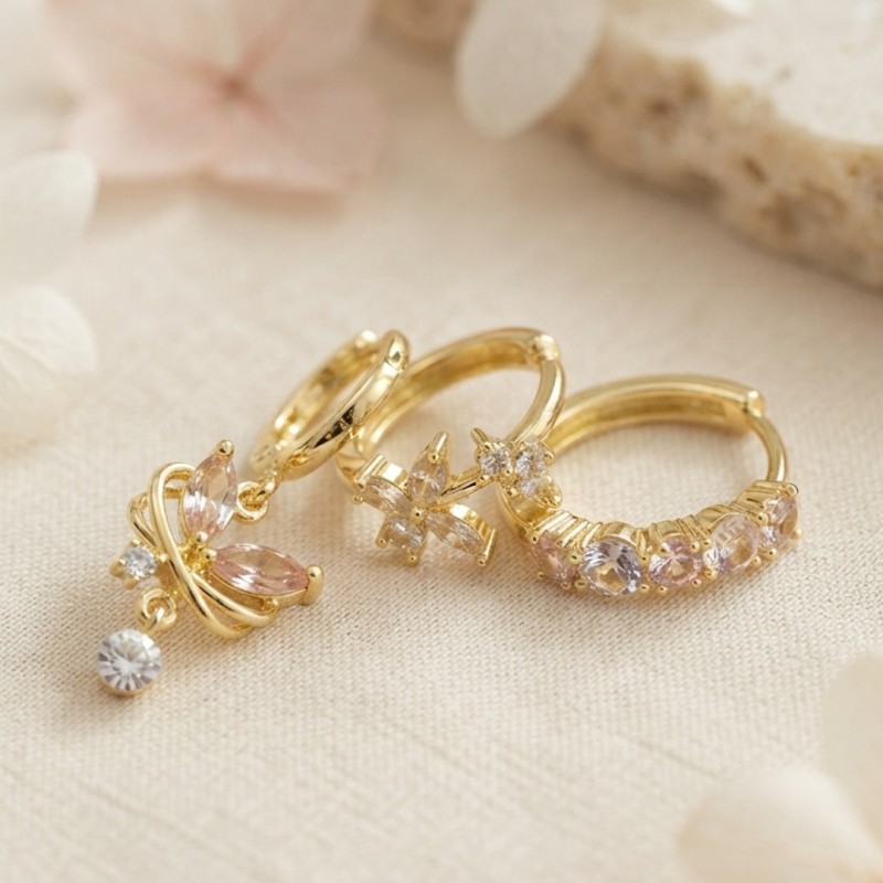 3 lü Set Gold Renk Zirkon Taşlı Kelebek Model Küpe