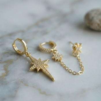 3 lü Set Küpe Gold Renk Zincir Detaylı