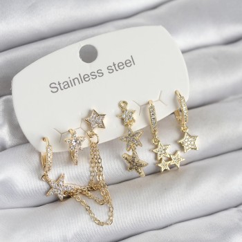 316L Çelik Gold Renk 6'lı Set Zincirli Yıldız Modelli Kadın Küpe