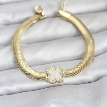 316L Çelik Gold Renk Beyaz Yonca Model Zirkon Taşlı Yılan Zincirli Kadın Bileklik 316L Çelik Gold Renk Beyaz Yonca Model Zirkon Taşlı Yılan Zincirli Kadın Bileklik