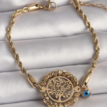 316L Çelik Gold Renk Burgu Zincir Model Dorika Yaşam Ağacı Figür Nazar Boncuk Detay Kadın Bileklik 316L Çelik Gold Renk Burgu Zincir Model Dorika Yaşam Ağacı Figür Nazar Boncuk Detay Kadın Bileklik