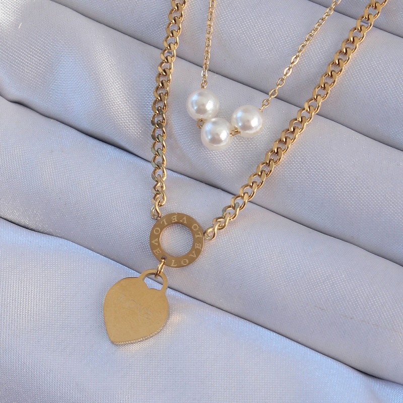 316L Çelik Gold Renk Çift Zincir İnci Detayı Love Kalp Kolye 316L Çelik Gold Renk Çift Zincir İnci Detayı Love Kalp Kolye