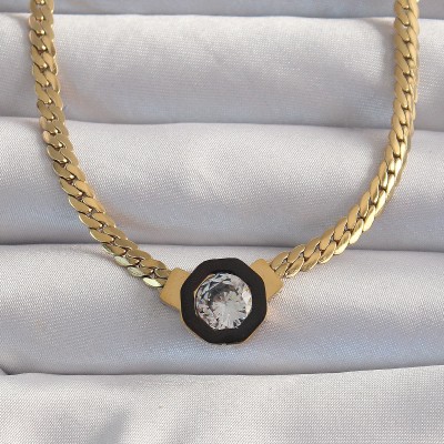 316L Çelik Gold Renk Ezme Zincir Zirkon Taşlı Mineli Serenay Kolyesi