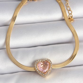 316L Çelik Gold Renk İtalyan Zincir Pembe Zirkon Taşlı Kalp Model Kadın Bileklik 316L Çelik Gold Renk İtalyan Zincir Pembe Zirkon Taşlı Kalp Model Kadın Bileklik