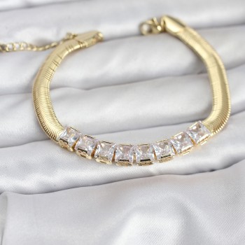 316L Çelik Gold Renk Kare Zirkon Taşlı Yılan Zincirli Kadın Bileklik 316L Çelik Gold Renk Kare Zirkon Taşlı Yılan Zincirli Kadın Bileklik