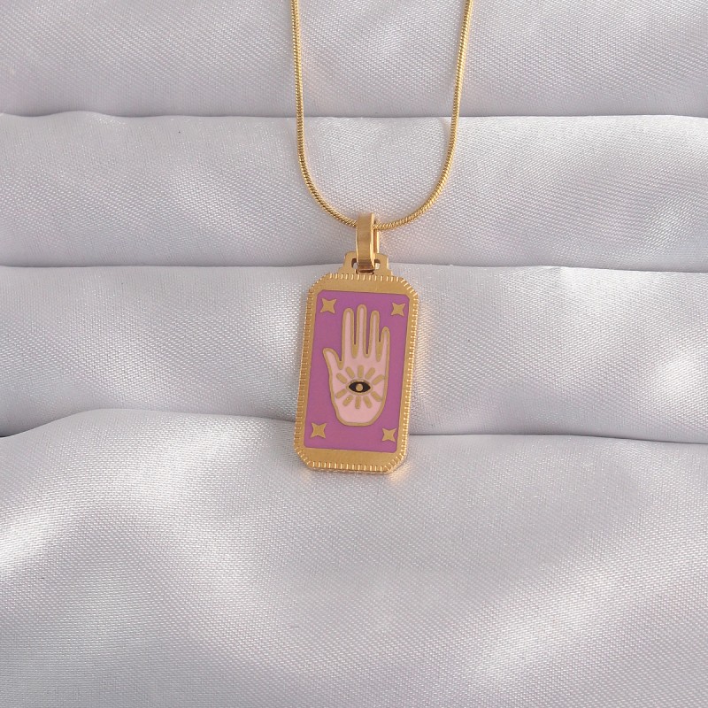 316L Çelik Gold Renk Mor Mineli El Figür Tarot Kolye 316L Çelik Gold Renk Mor Mineli El Figür Tarot Kolye