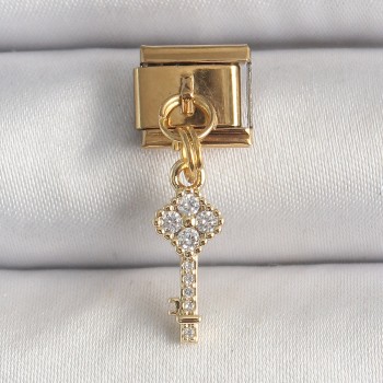 316L Çelik Gold Renk Sallantı Zirkon Taşlı Anahtar Model Nomination Charm