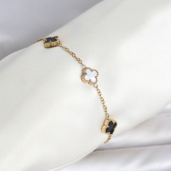 316L Çelik Gold Renk Siyah Beyaz Baby Yonca Model Kadın Bileklik 316L Çelik Gold Renk Siyah Beyaz Baby Yonca Model Kadın Bileklik