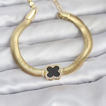 316L Çelik Gold Renk Siyah Yonca Model Zirkon Taşlı Yılan Zincirli Kadın Bileklik 316L Çelik Gold Renk Siyah Yonca Model Zirkon Taşlı Yılan Zincirli Kadın Bileklik