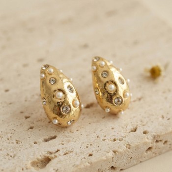 316L Çelik Gold Renk Taşlı Damla Model Küpe