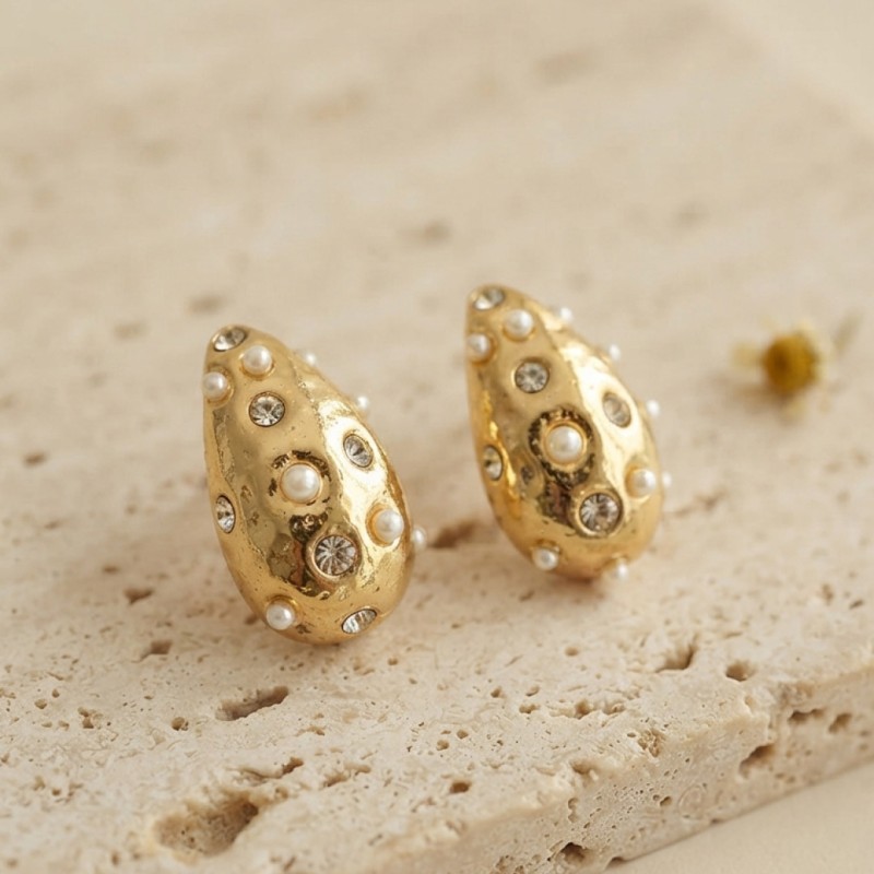 316L Çelik Gold Renk Taşlı Damla Model Küpe