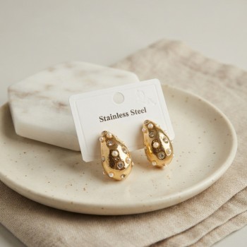 316L Çelik Gold Renk Taşlı Damla Model Küpe