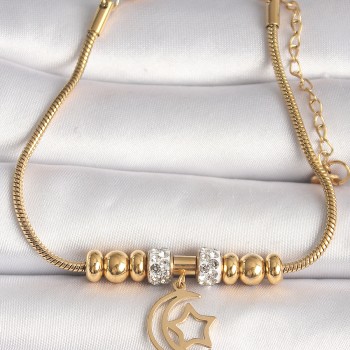 316L Çelik Gold Renk Tüp Zincir Zirkon Taş Detaylı Sallantı Ay Yıldız Figür Kadın Bileklik 316L Çelik Gold Renk Tüp Zincir Zirkon Taş Detaylı Sallantı Ay Yıldız Figür Kadın Bileklik