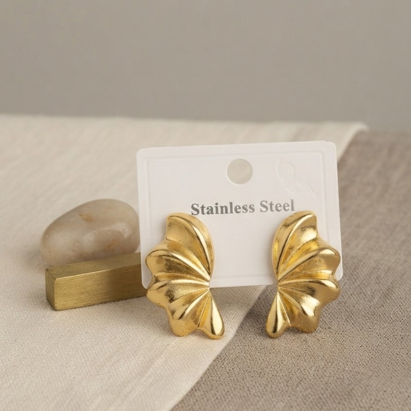 316L Çelik Gold Renk Vintage 3D Dalgalı Model Küpe
