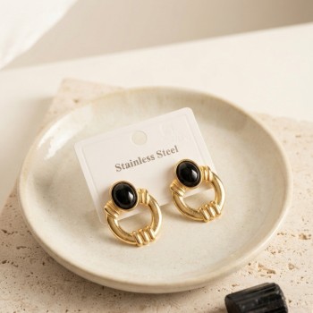 316L Çelik Gold Renk Vintage Siyah Taşlı Küpe