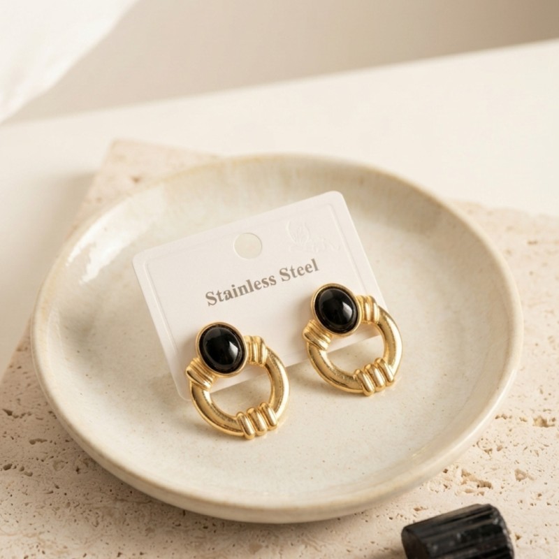 316L Çelik Gold Renk Vintage Siyah Taşlı Küpe