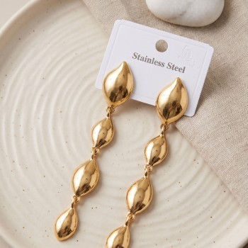 316L Çelik Gold Renk Yaprak Motifli Uzun Tasarım Küpe