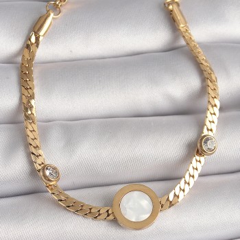 316L Çelik Gold Renk Yassı Zincir Model Zirkon Taş Detaylı Beyaz Mineli Madalyon Model Kadın Bileklik 316L Çelik Gold Renk Yassı Zincir Model Zirkon Taş Detaylı Beyaz Mineli Madalyon Model Kadın Bileklik