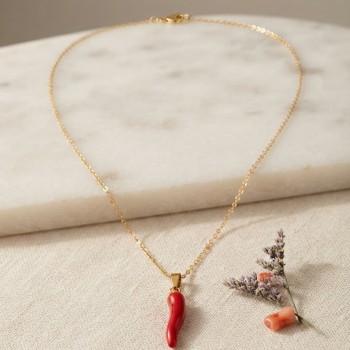 316L Çelik Gold Renk Zincir Kırmızı Kapya Biber Model Kadın Kolye
