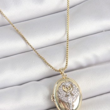 316L Çelik Gold Renk Zincir Zirkon Taşlı Anka Kuşu İşlemeli Açılır Model Kadın Kolye