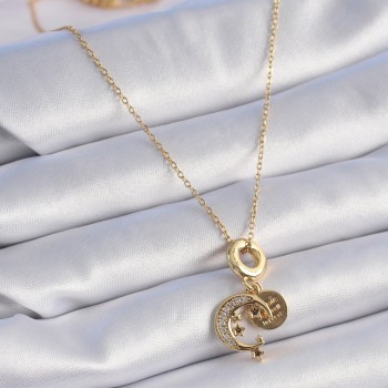 316L Çelik Gold Renk Zirkon Taşlı Ay Yıldız Model Charm Model Kadın Kolye 316L Çelik Gold Renk Zirkon Taşlı Ay Yıldız Model Charm Model Kadın Kolye