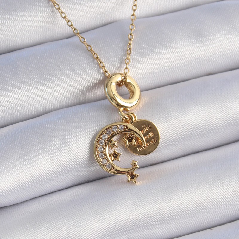 316L Çelik Gold Renk Zirkon Taşlı Ay Yıldız  Model Charm Model Kadın Kolye