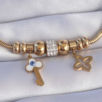 316L Çelik Gold Renk Zirkon Taşlı Yonca Detay Nazarlı Anahtar Tasarımlı Bileklik 316L Çelik Gold Renk Zirkon Taşlı Yonca Detay Nazarlı Anahtar Tasarımlı Bileklik
