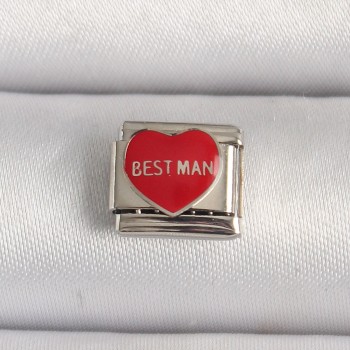 316L Çelik Gümüş Renk 'Best Man' Yazılı Kırmızı Kalp İşlemeli Nomination Charm