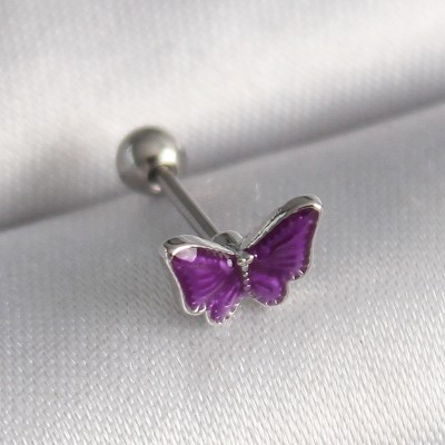 316L Çelik Gümüş Renk Mor Kelebek Model Tragus Piercing