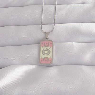 316L Çelik Gümüş Renk Pembe Mineli Ay Figür Tarot Kolye 316L Çelik Gümüş Renk Pembe Mineli Ay Figür Tarot Kolye