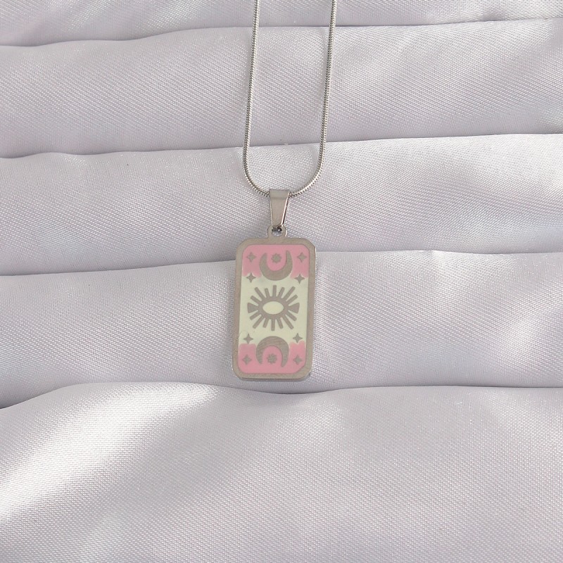 316L Çelik Gümüş Renk Pembe Mineli Ay Figür Tarot Kolye 316L Çelik Gümüş Renk Pembe Mineli Ay Figür Tarot Kolye