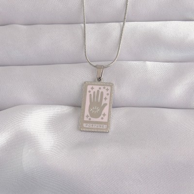 316L Çelik Gümüş Renk Pembe Mineli El Figür Tarot Kolye 316L Çelik Gümüş Renk Pembe Mineli El Figür Tarot Kolye
