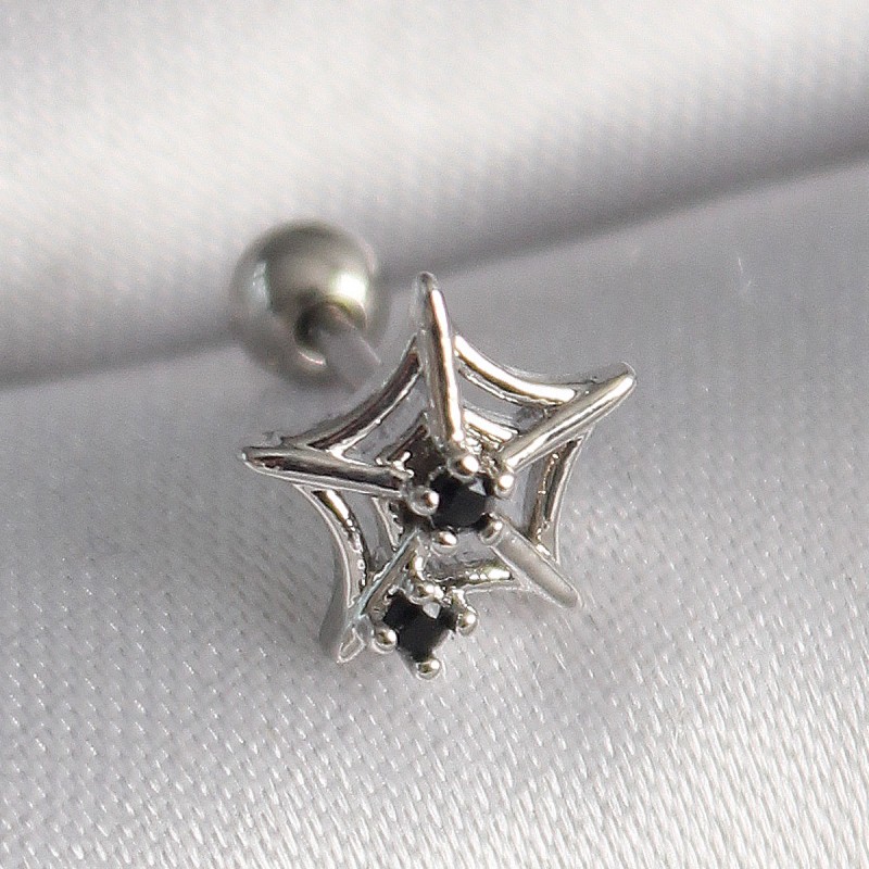 316L Çelik Gümüş Renk Siyah Zirkon Taş Detay Örümcek Ağ Model Tragus Piercing 316L Çelik Gümüş Renk Siyah Zirkon Taş Detay Örümcek Ağ Model Tragus Piercing